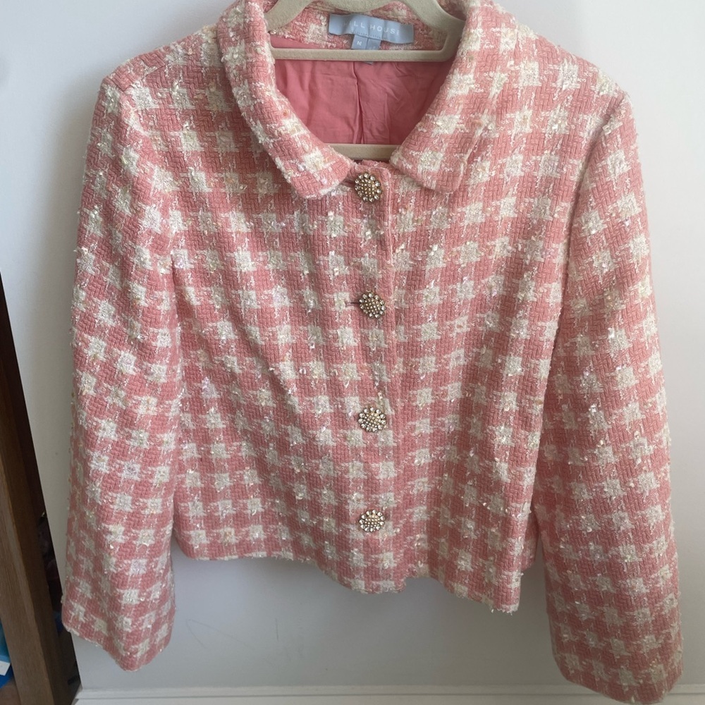 Hill House Pink and White Bouclé Blazer